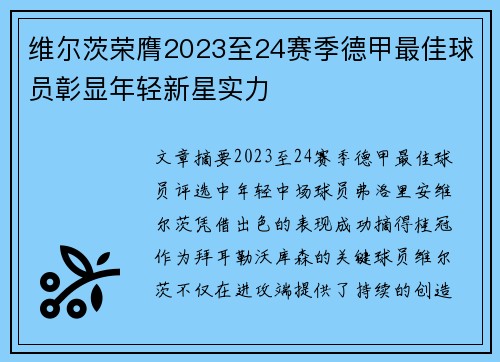 维尔茨荣膺2023至24赛季德甲最佳球员彰显年轻新星实力