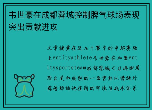 韦世豪在成都蓉城控制脾气球场表现突出贡献进攻